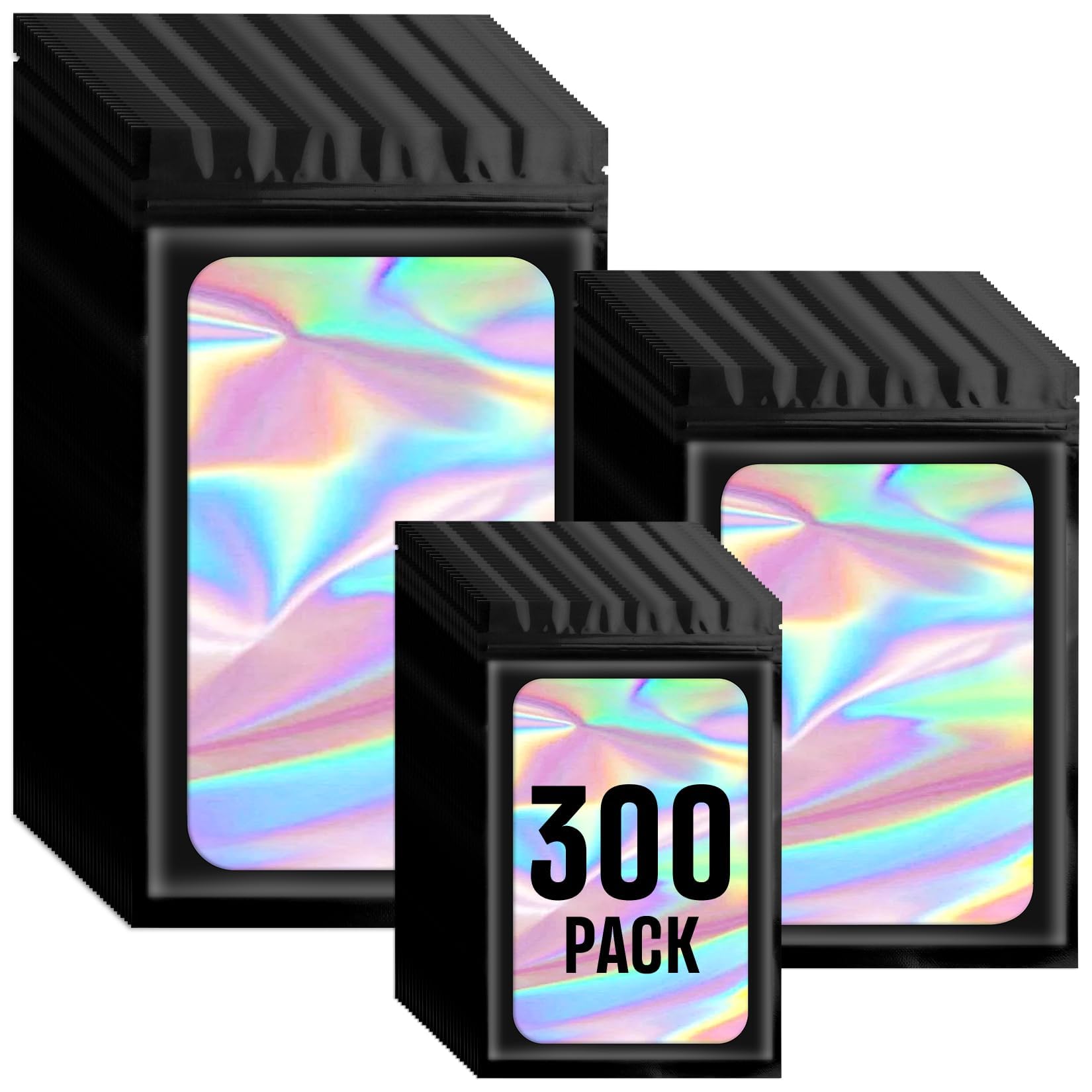 Funfery 300 Pack 3 Size Black Mylar Holographic Bags with Clear Window