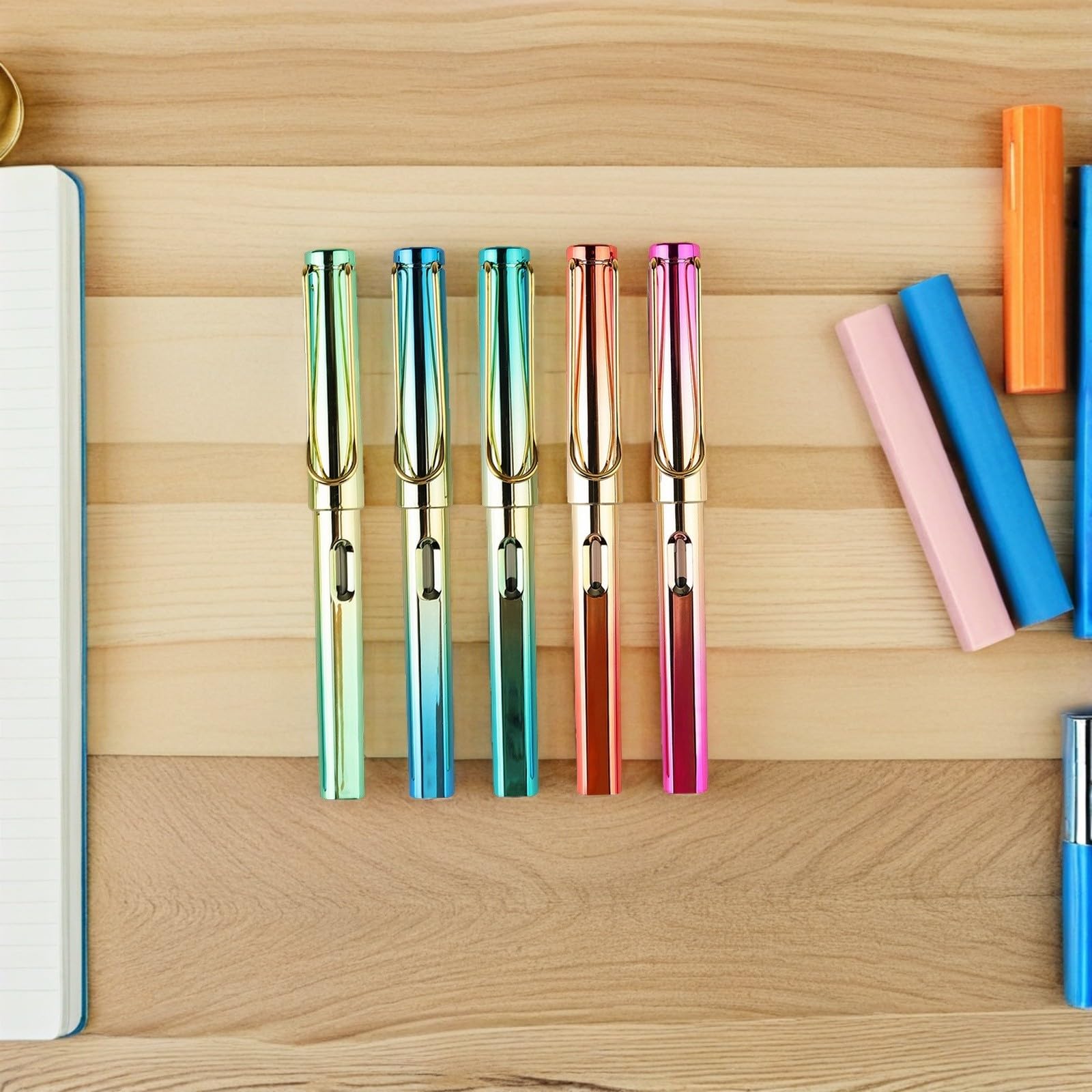 TOYANDONA 5 Pezzi Penna Stilografica per Studenti con Serbatoio D'inchiostro, Scrittura Fluida, Corpo in Plastica e Metallo, per Calligrafia e Pratica Scolastica