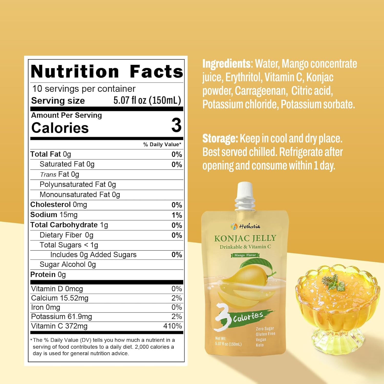 Hethstia Konjac Jelly Pouch Drinkable Mango Flavor, 10 Pack | Low Calorie | Sugar Free, Keto, Vegan, Gluten-Free, Low Carb, Fat Free, Non-GMO, Vitamin C Fruit Snack, Healthy Chewy Treat & Gift