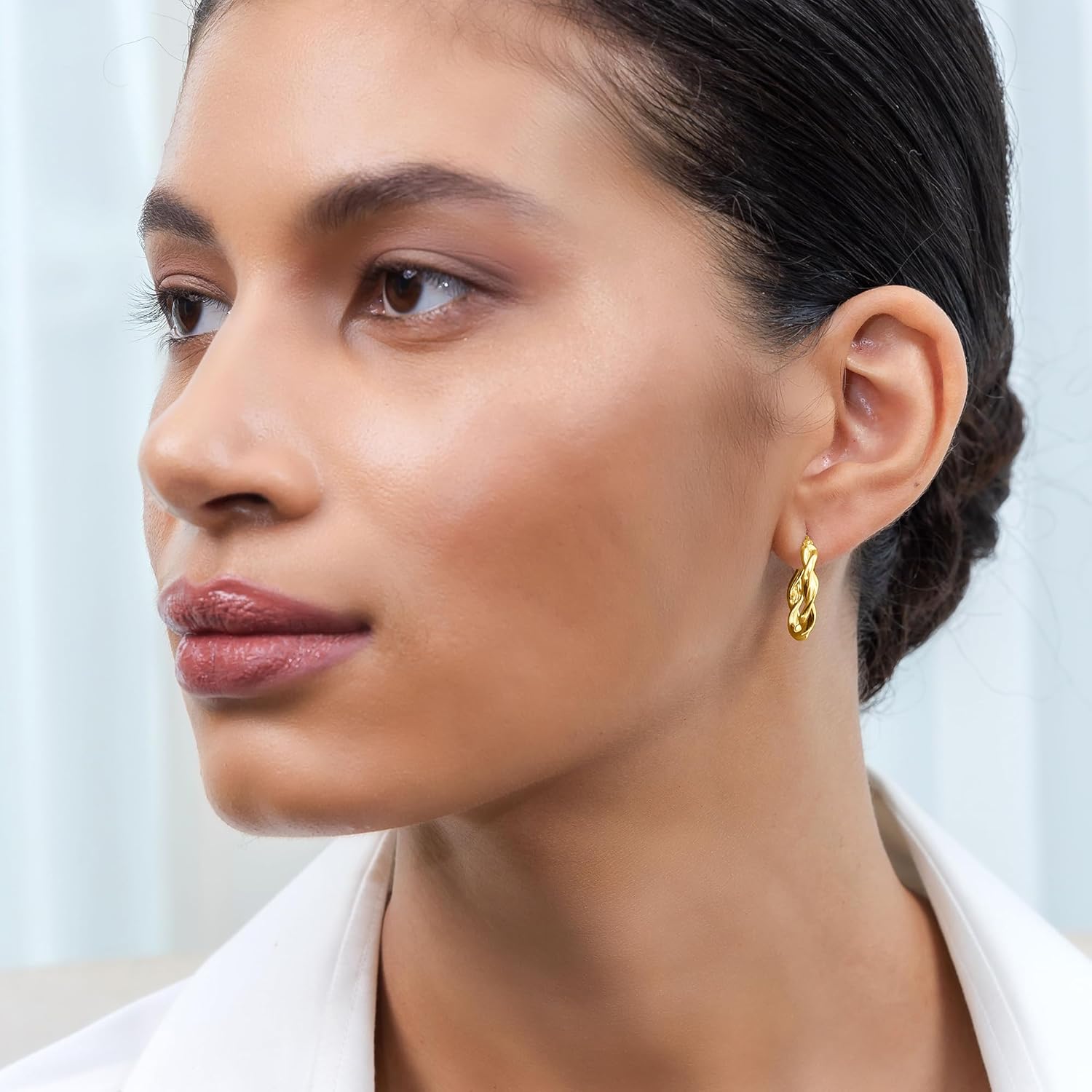 Hoops & Loops 925 Sterling Silver Twisted Hoop Earrings for Women, Yellow Gold 3mm Twist Hypoallergenic Hoop Earrings 20mm