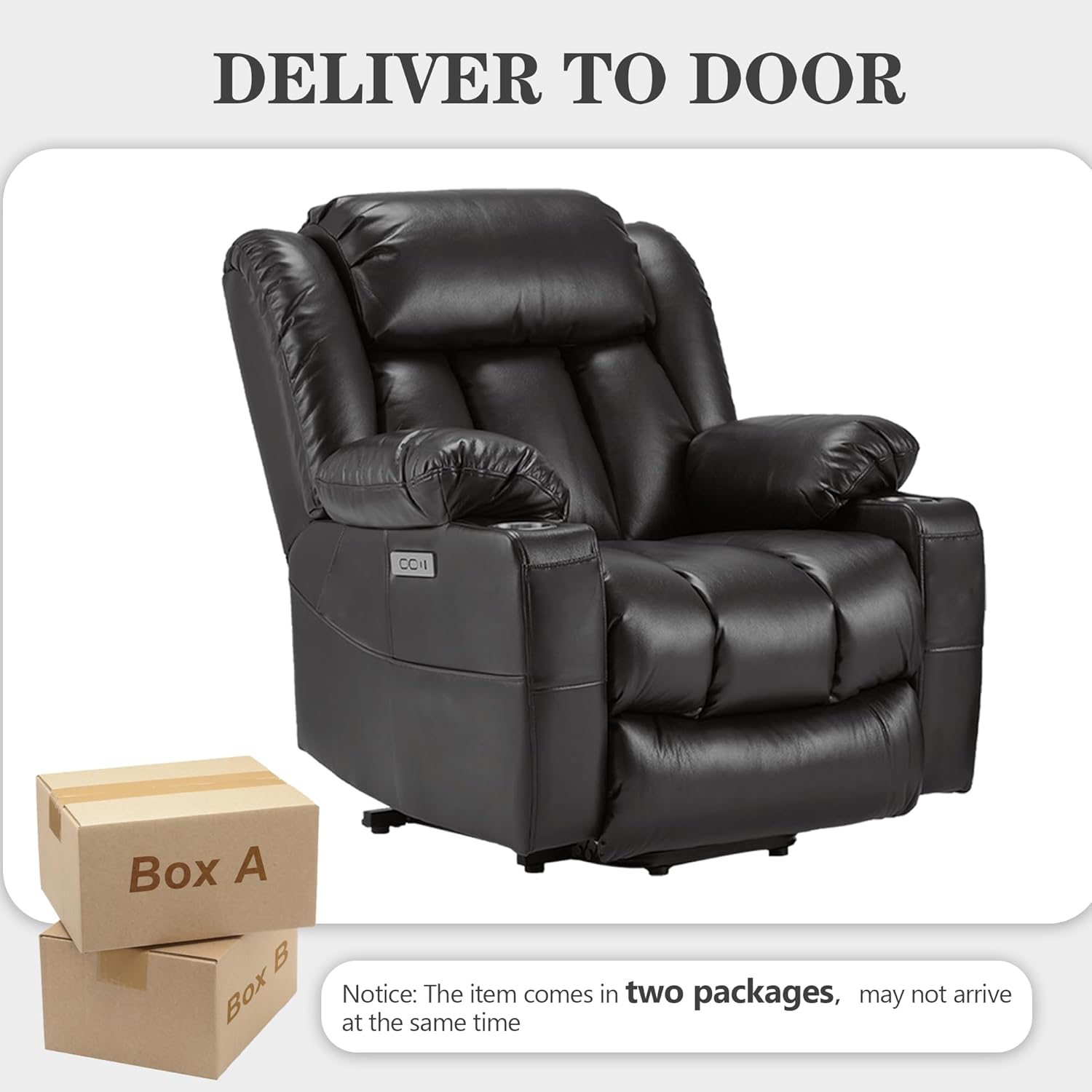Oversized Power Lift Recliner with Massage and Heat for Elderly, Heavy Duty Reclining Chair, Faux Breathable Leather, Includes USB/Type-C Ports, 2 Cup Holders& Remote Control, Black