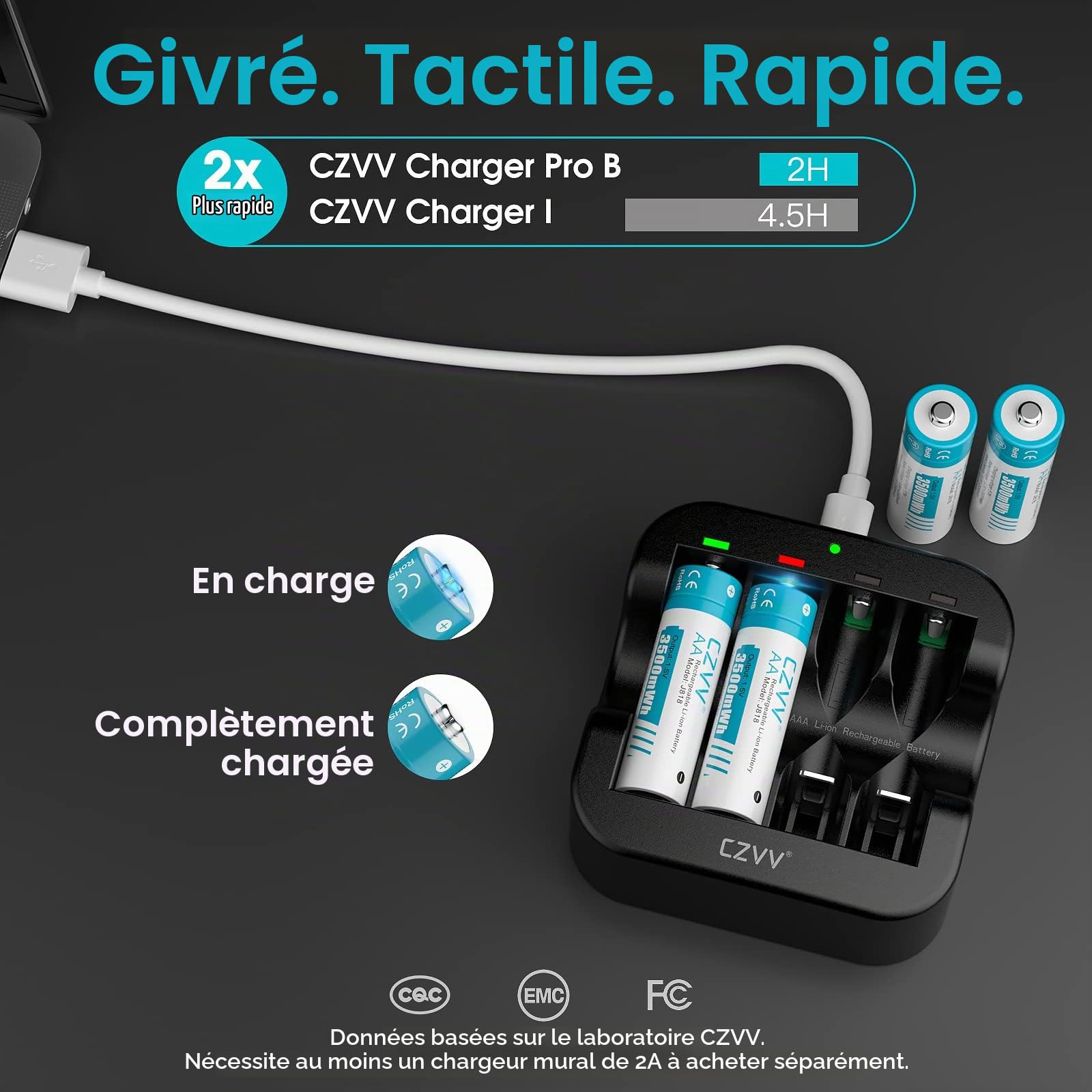 Piles Rechargeables Lithium AA 1,5V - Chargeur avec 8 Pack Accu Haute Capacité 3500mWh - Charge Rapide 2H - Batterie Durée 10 Ans, 1500 Cycles, Préchargées, Faible Auto-décharge, Sortie Constante