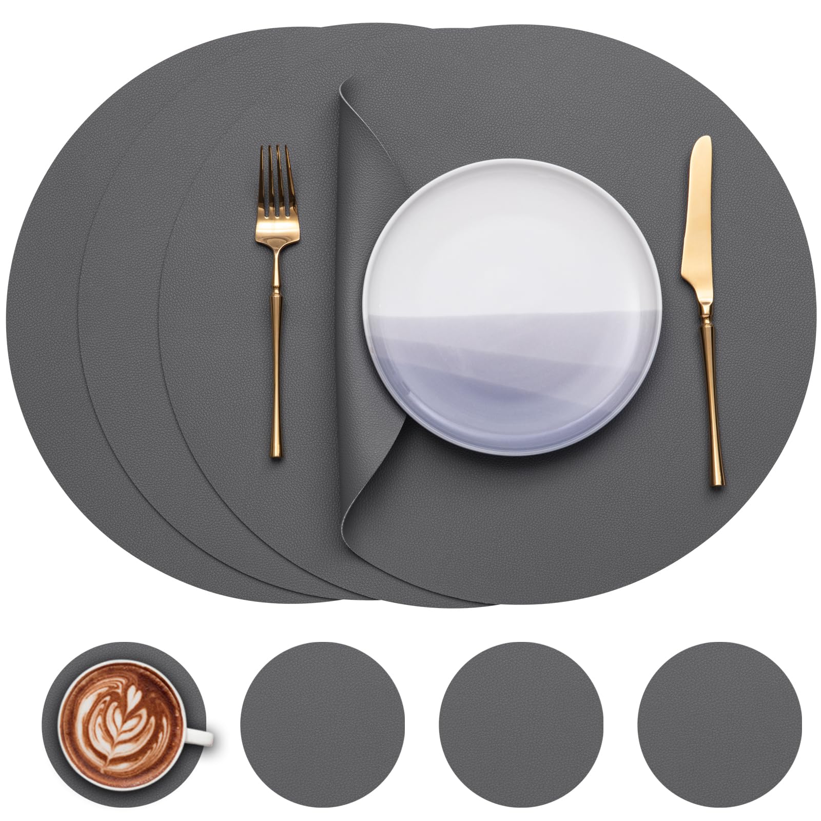 Myir JUN Round Table Placemats Set of 4 Faux Leather Place Mats and Coasters 15 inch Round Dual Sided Placemats Non-Slip Wipe Clean Stain Resistant (Gray Gray,Set of 4)