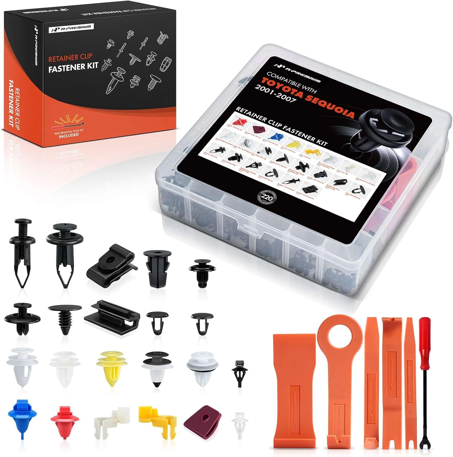 A-Premium 220 PCS 22 Sizes Car Retainer Clip Kit Compatible with Toyota Sequoia 2001-2007 Bumper Fender Hood Door Trim Panel Auto Push Pin Plastic Rivet Fastener Replacement Set, w/Removal Tool