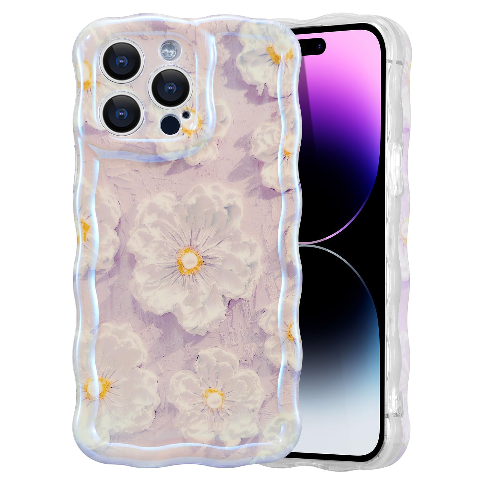 EYZUTAK Case for iPhone 15, Colorful Retro Oil Painting Flower Laser Beam Glossy Pattern Cute Curly Waves Border Exquisite Phone Cover Stylish Durable Soft TPU Protective Case for Girls Women - Green — view 55
