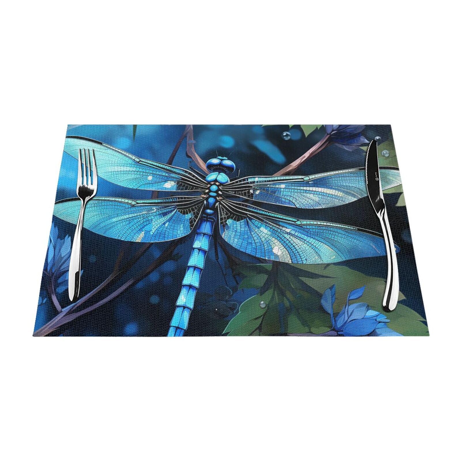 Placemats Set of 1 PC Heat Resistant Non-Slip Place Mats for Dining Table Art Blue Dragonfly Placemats Wipeable Washable PVC Weave Table Mats for Party Kitchen Dining Decor