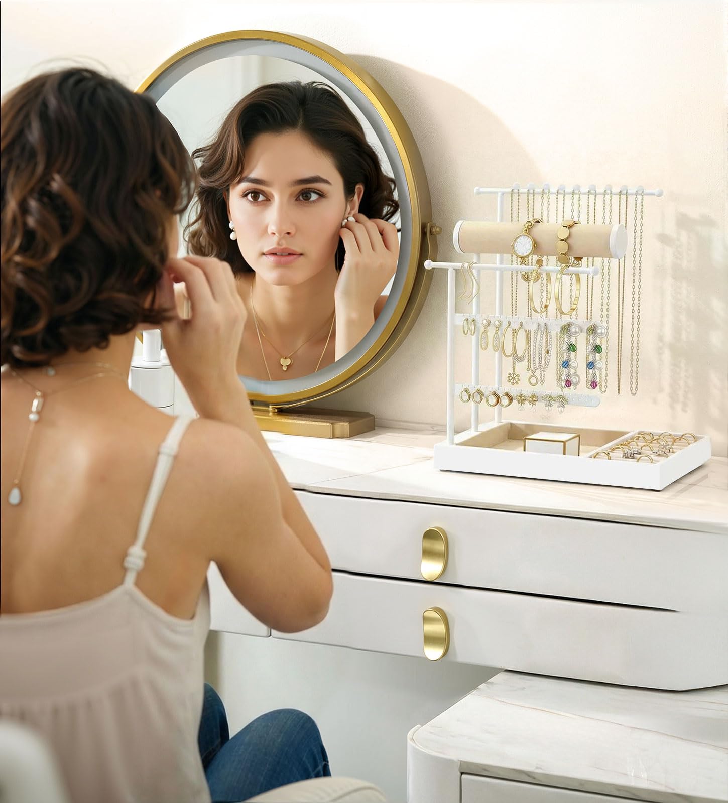 Emibele Sostenedor Collares Organizador Joyero Soporte Con Bandeja Terciopelo Organizador Joyero Torre Para Pendientes Brazaletes Y Collares Elegante Torre Joyero Regalos Para Mujeres, Blanco