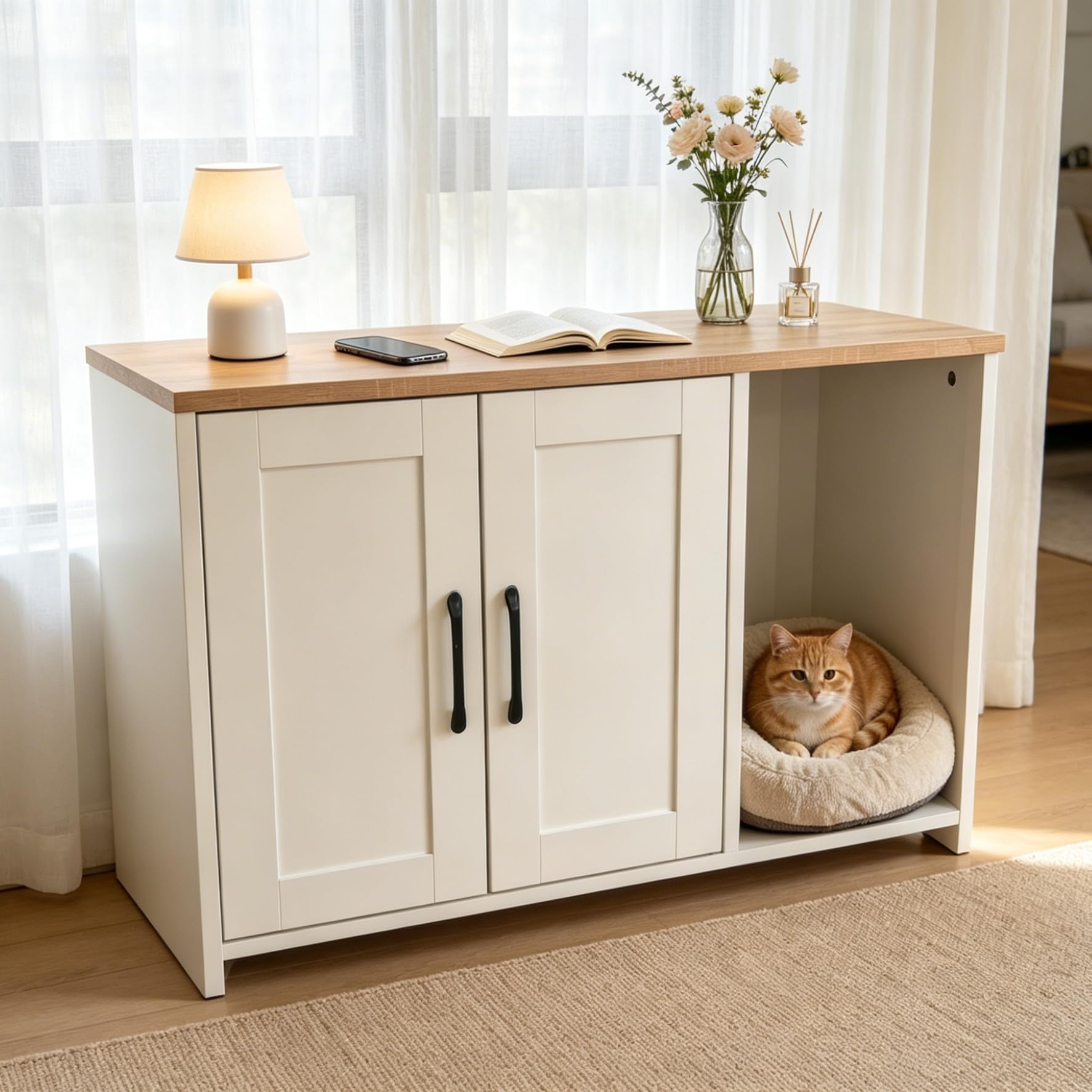 Cat Litter Box Enclosure, Hidden Litter Box Cabinet Furniture with Scratching Mat, Indoor Dog Proof Cats House for Living Room, Entryway, Bedroom, Modern Style (White)