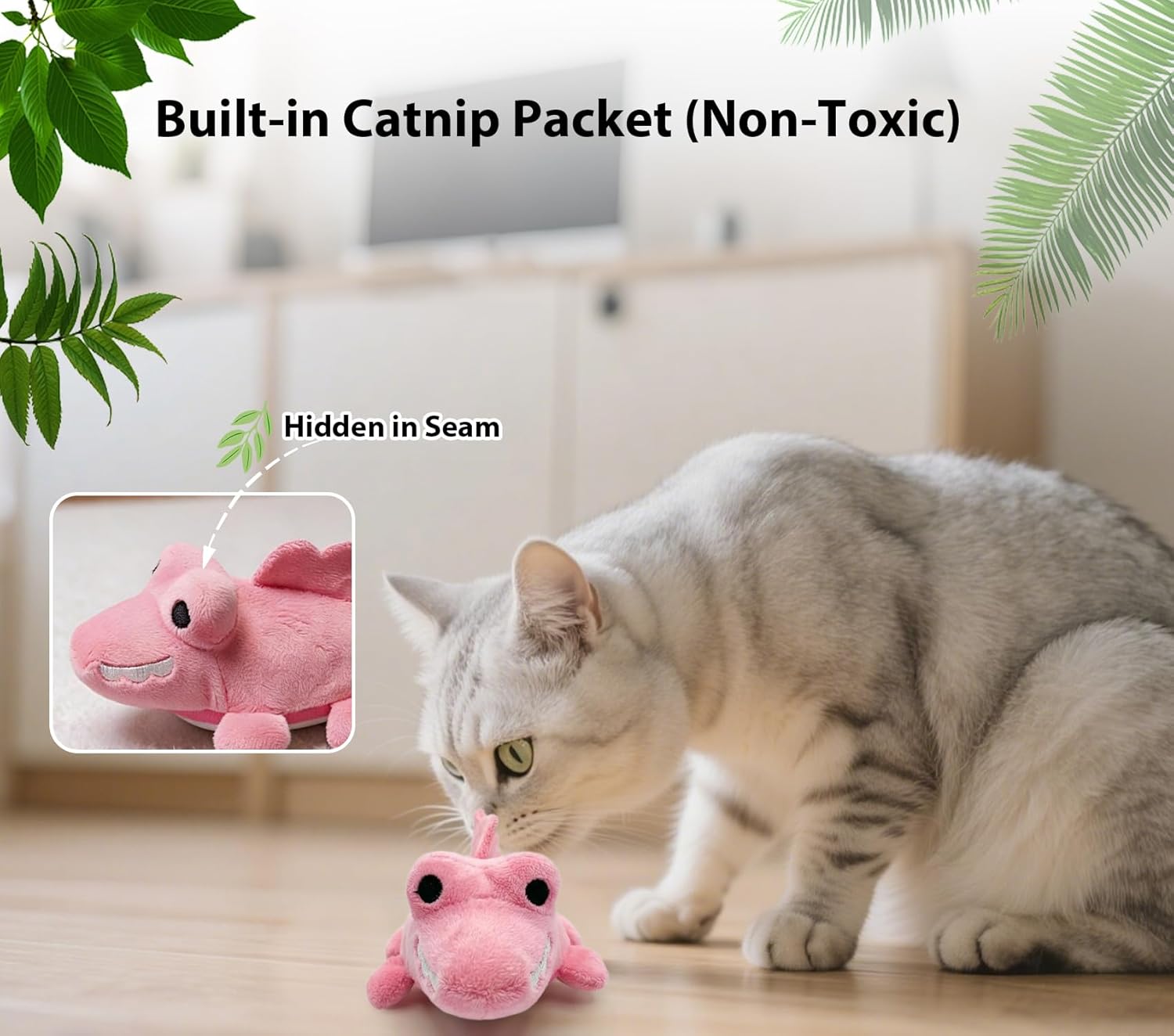 Interactive Cat Toys for Indoor Cats – Auto Moving Alligator with 360° Random Movement & Tail Wagging, Rechargeable Cat Exercise Toy with Catnip, Self-Play Fun for Bored Adult Cats-Pink