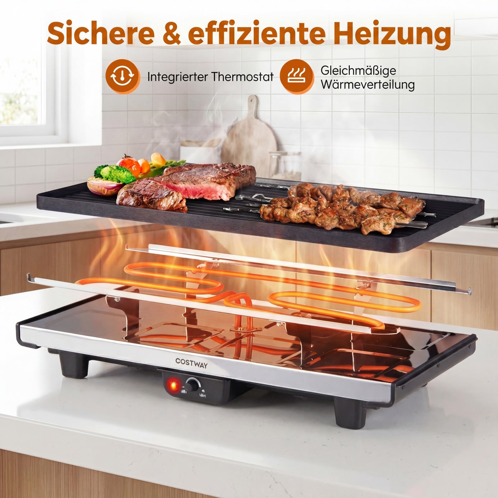 COSTWAY Grill raclette dla 8 osób, elektryczny grill z dwustronną nieprzywierającą płytą grillową 2 w 1 i regulowaną regulacją temperatury, w zestawie 8 patelni, 8 drewnianych szpatułek i szczypcami