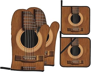 Wood Acoustic Guitar Music Oven Mitts and Potholders BBQ Gloves-Oven Mitts and Pot Holders with Non-Slip Cooking Gloves for Cooking Baking Grilling 4-Piece