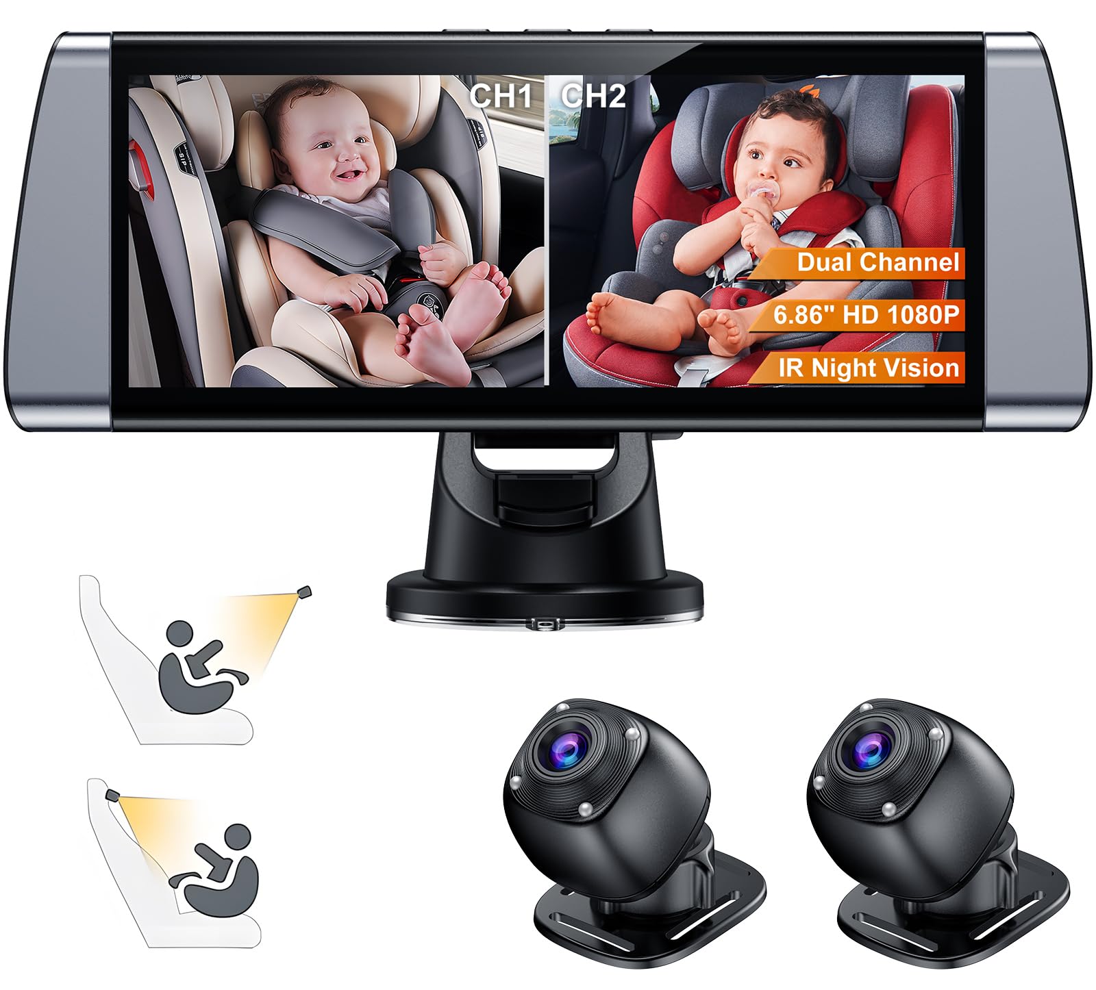 BOEYOS Baby Car Camera, Dual Channel 6.86 inch Display with 2 IR Night Vision Camera, Night Vision, Wide Clear View, Easily Observe The Baby's Move, Safe Driving for New Parents (Grey)