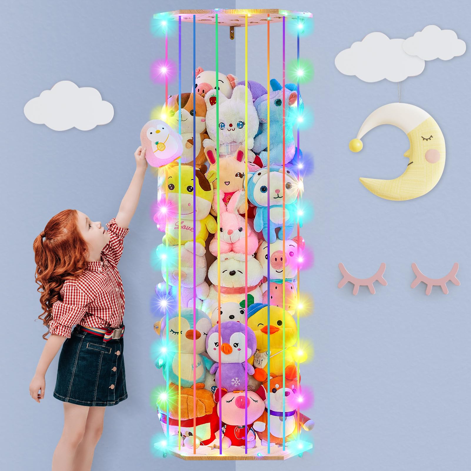 Basumee Stuffed Animals Storage with LED Light Corner Toy Storage Organizer Wood Stuffed Animals Hammock Length Adjustable Stuffed Animals Holder for Nursery Kids Playroom Bedroom, Rainbow