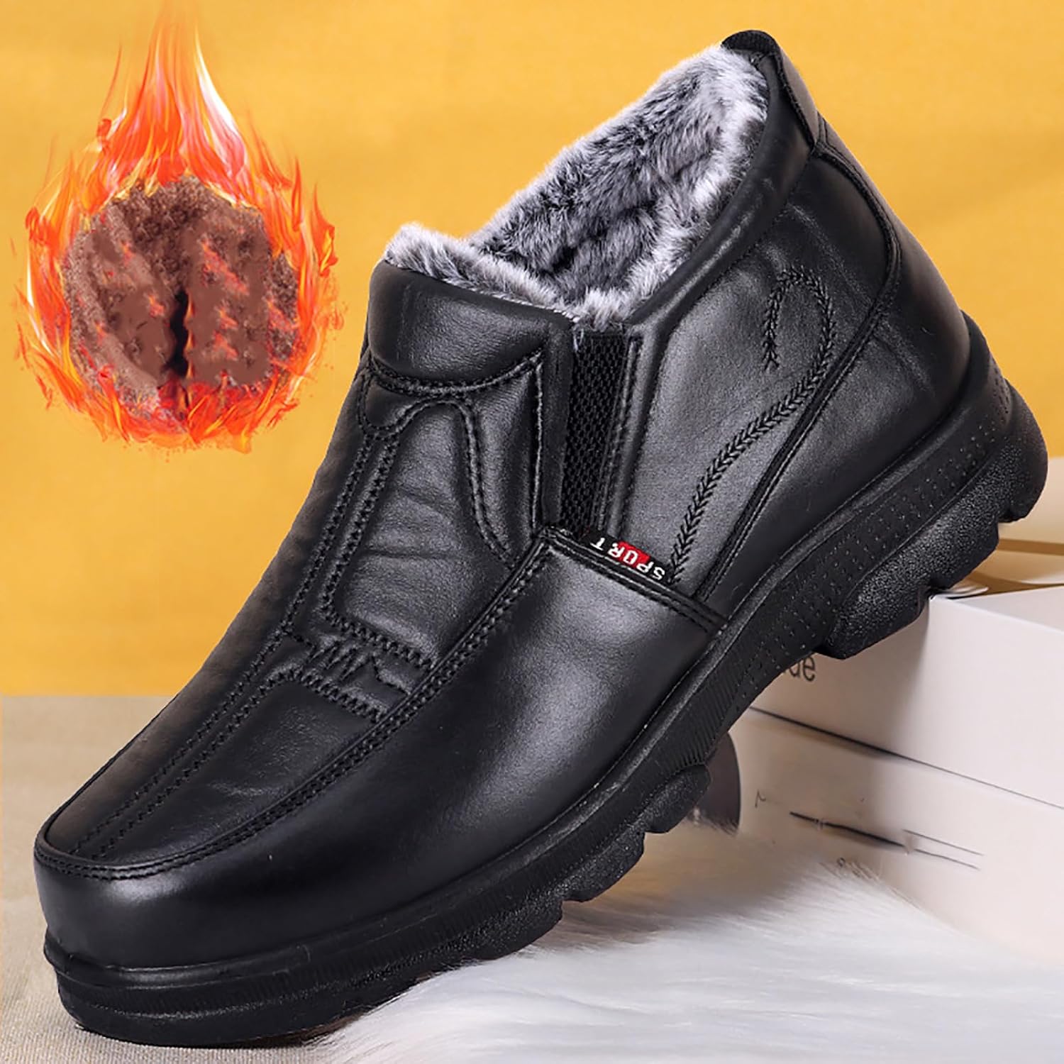 Helenbra Men's Leather Warm Fur Lined Snow Boots Winter Outdoor Anti-Slip Middle-aged and elderly Comfort Slip On Lightweight Casual Walking Loafers - Image 3