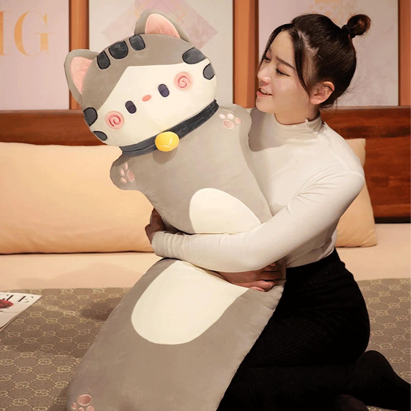 Peluche a forma di gatto, cuscino lungo (grigio, 110 cm / 43in)