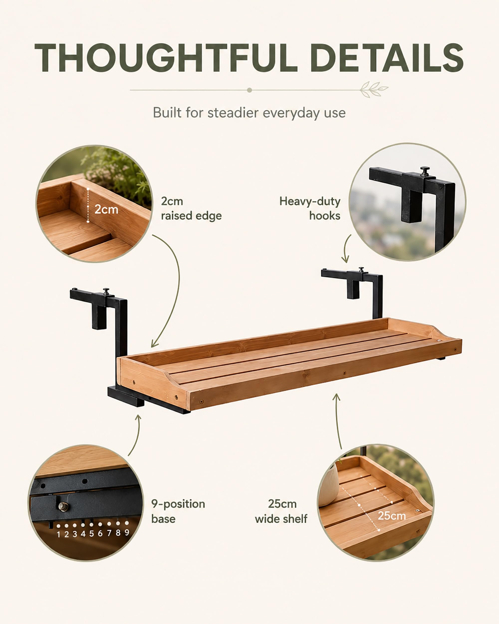 Tavolino da Balcone Pieghevole Sospeso - Tavolo per Ringhiera Regolabile in Legno - Salvaspazio Esterno per Piante e caffè - con Ganci in Ferro e Bordo 25cm | ,Natural,L120×W25cm