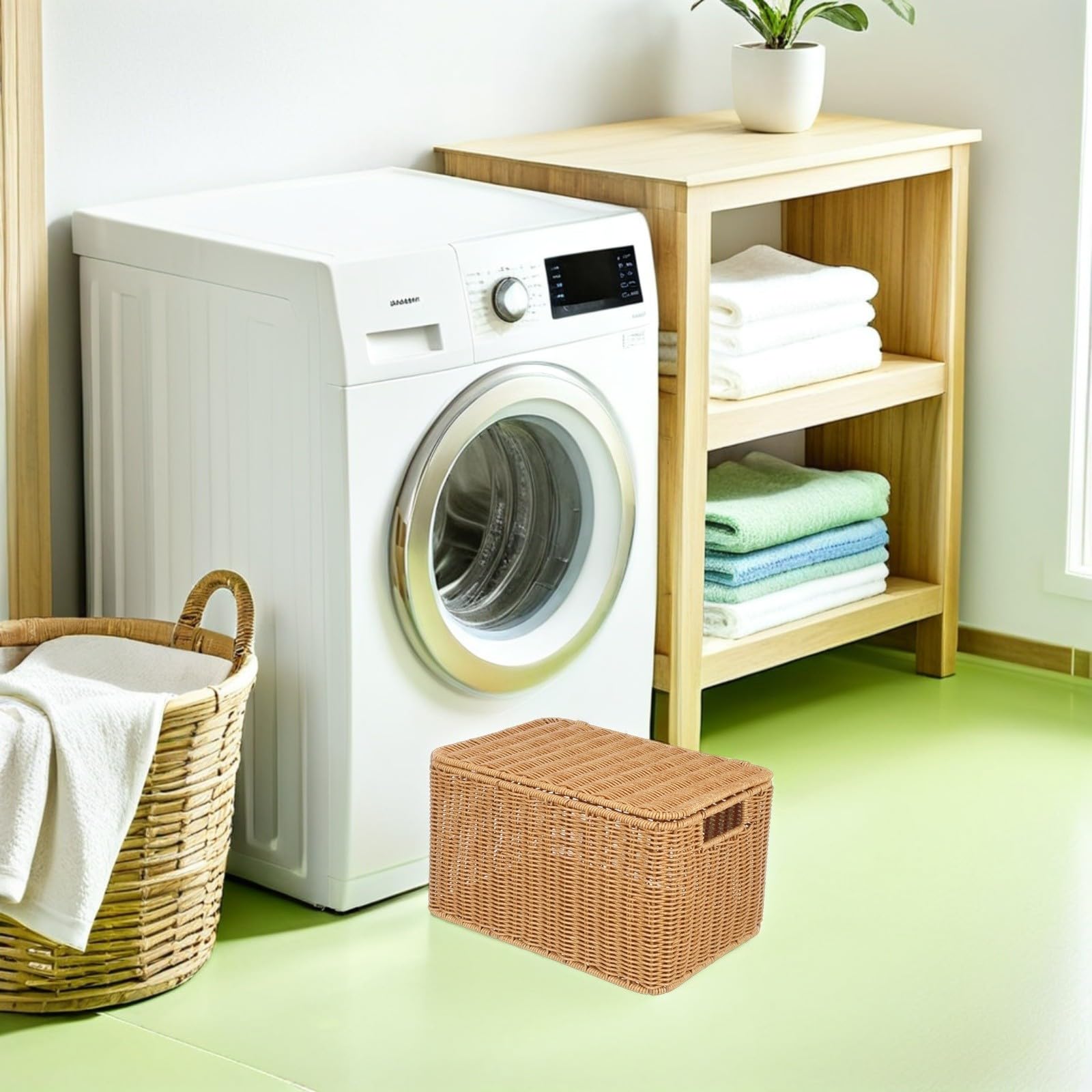Ciieeo Cesta de Almacenamiento Rectangular de Imitación Ratán con Tapa Organizador Grande Multifuncional para Cocina Baño Juguetes y Ropa Cesta Práctica y Espaciosa para Ordenar Diversos