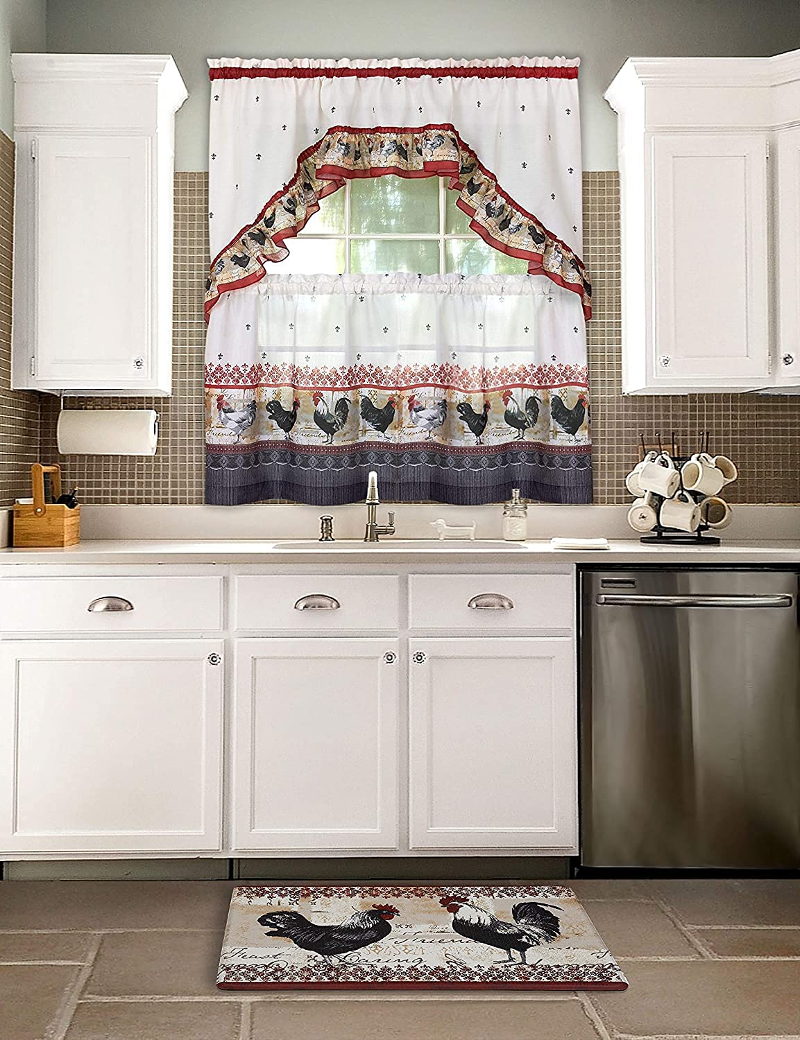 Achim Home Furnishings Anti Fatigue Mat, 18 x 30, Rooster, Multi (3), Burgundy, 30 inch (W) x 20 inch (L) Anti-Fatigue Mat