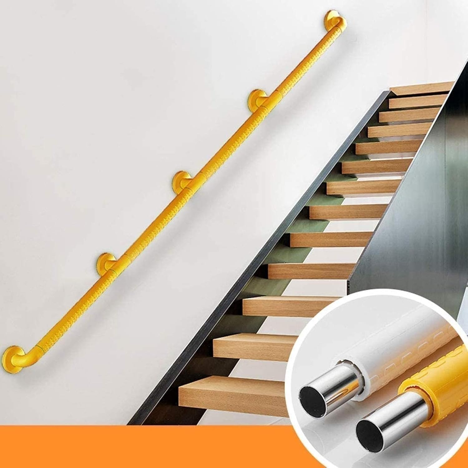 Staircase Handrail Rail Banister Kit,Stainless Steel Railing for Stair Yellow Non-Slip Nylon Shell Wall Support Handle for Corridor or Bathroom/30cm(1ft)