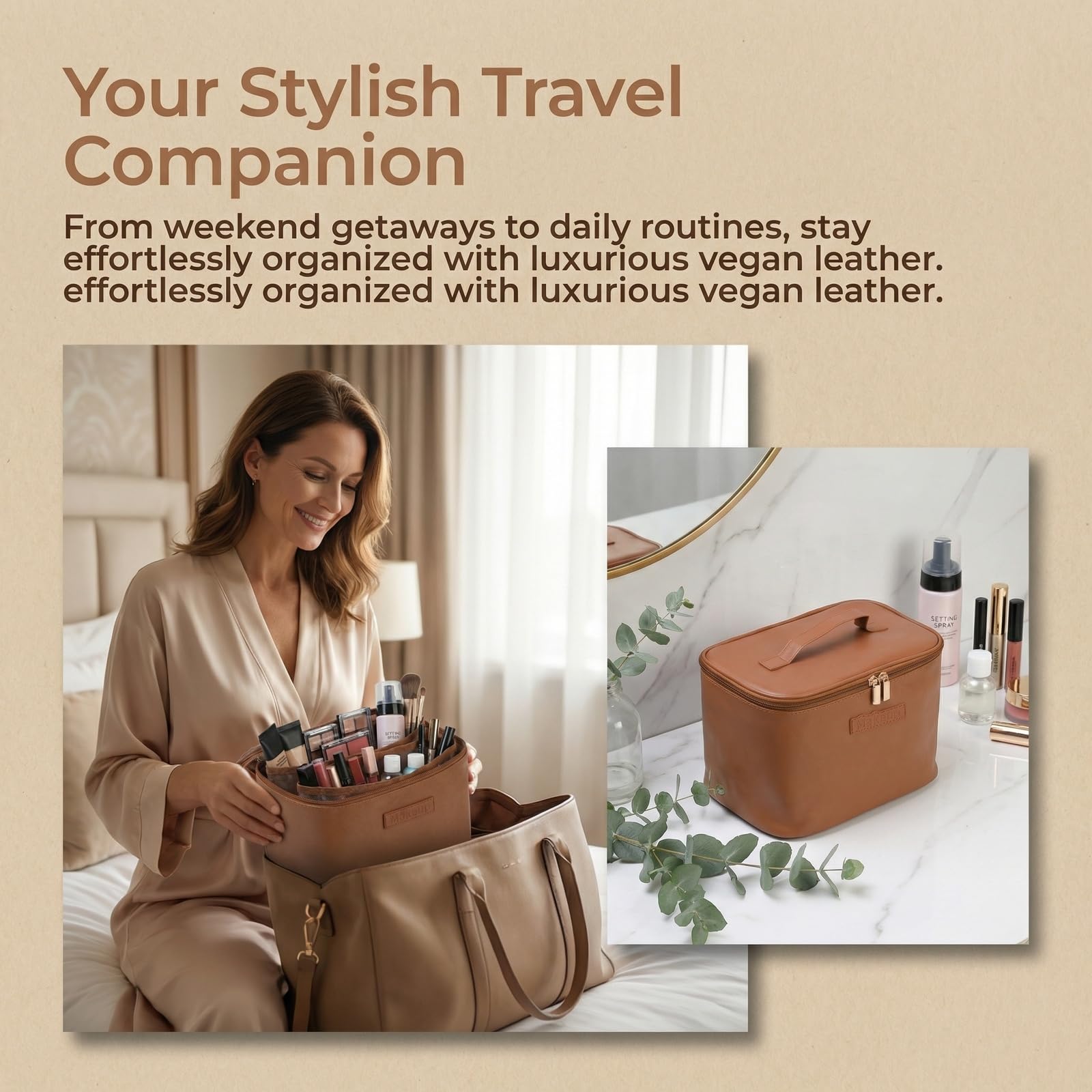 Nivofu Beauty Case Donna, Porta Trucchi Impermeabile in Pelle PU, Trousse Trucchi con Manico e Divisore Rimovibile, Beauty Case da Viaggio di Grande Capacità per Donne e Ragazze, Marrone