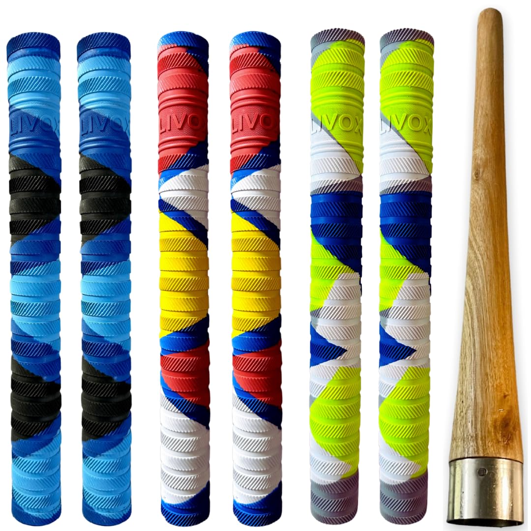 LIVOX Bracelet Ring Texture Cricket Bat Handle Rubber Grip with Cone for Better Shock Absorbing Cricket Accessories Gripper Cone, 6 Grips and 1 Wooden Cone