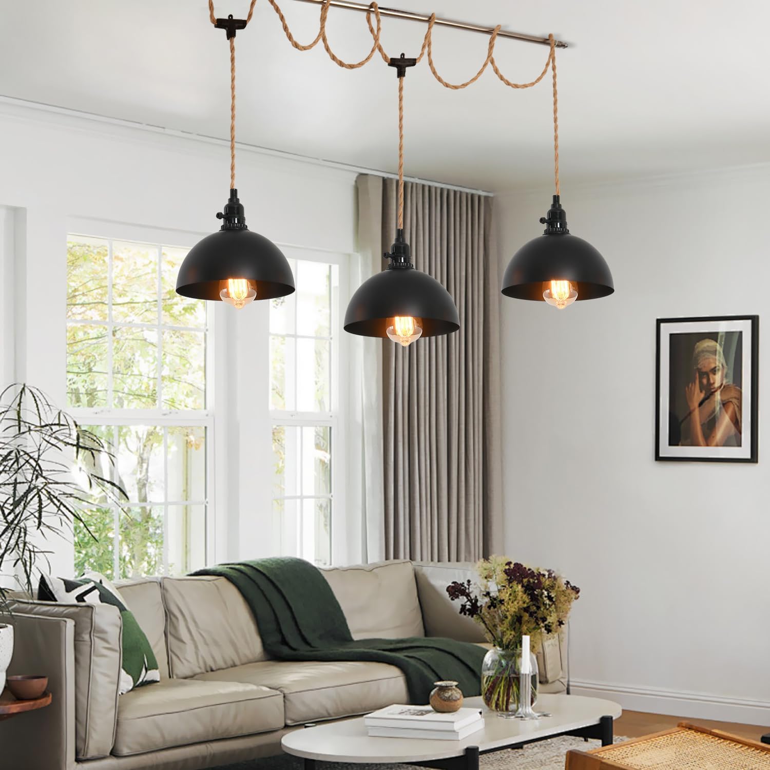 3 Light Hemp Rope Plug in Pendant Light Rattan Hanging Lights with Plug in Cord with Woven Lamp Shade, Hanging Lights with Plug in Cord Hemp Rope Hanging Lamp