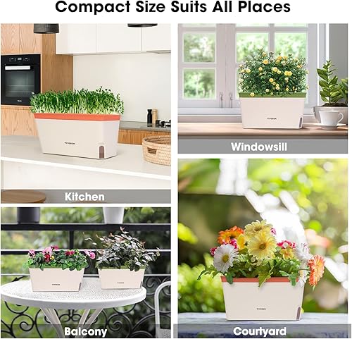 Vista 8 de VIVOSUN Self-Watering Planters, 6-Pack 10.5 Inch Compact Rectangular Window Herb Planter Box with 10 PCS Plant Labels, Plant Container for Basil