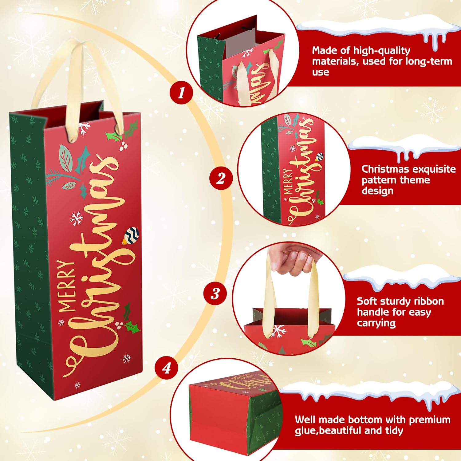 DeckTheHalls Christmas Gift Bags, 8 Pcs Wine Gift Bags with Unique Xmas Designs, Christmas Goody Bags with Ribbon Handles, Reusable Wine Bottle Wrap Bags for Xmas, Engagements & Party - Image 3