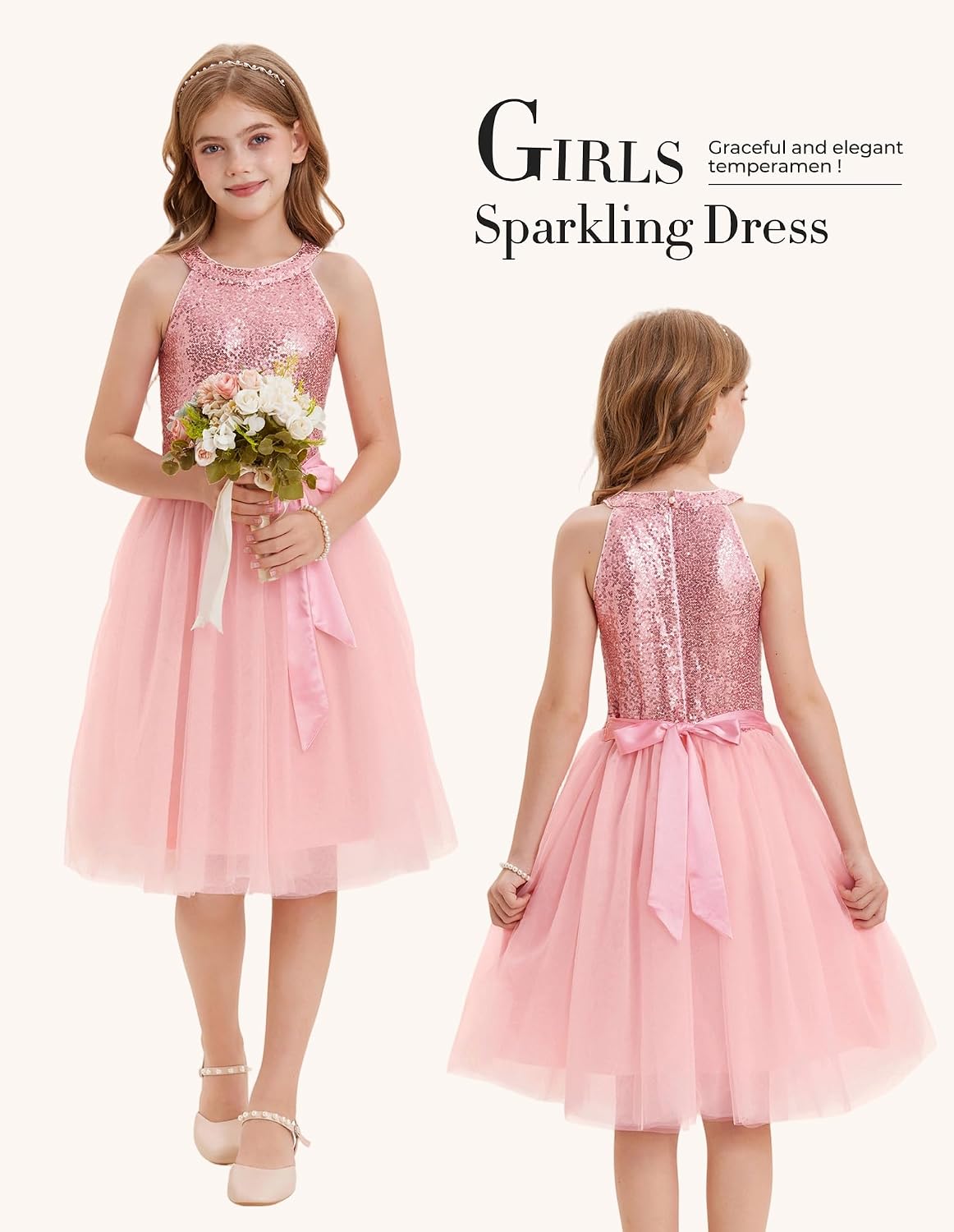 GRACE KARIN Girls Sequin Dress Halter Sleeveless Tulle Princess Party Wedding Flower Girl Dresses 6-12Y