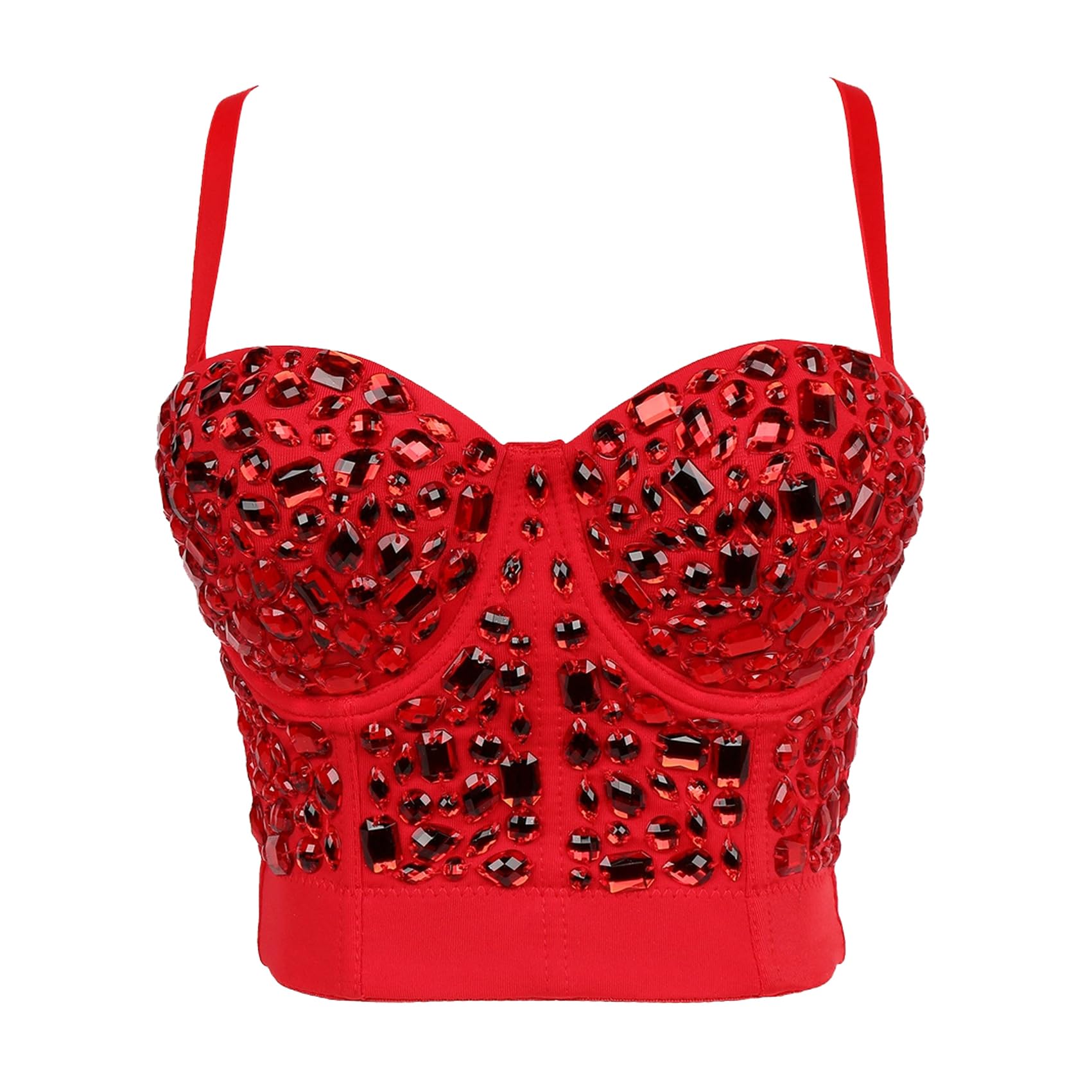 Woboren Women's Rhinestone Diamond Bustier Crop Top Gothic Punk Corset Clubwear Party Bra Red