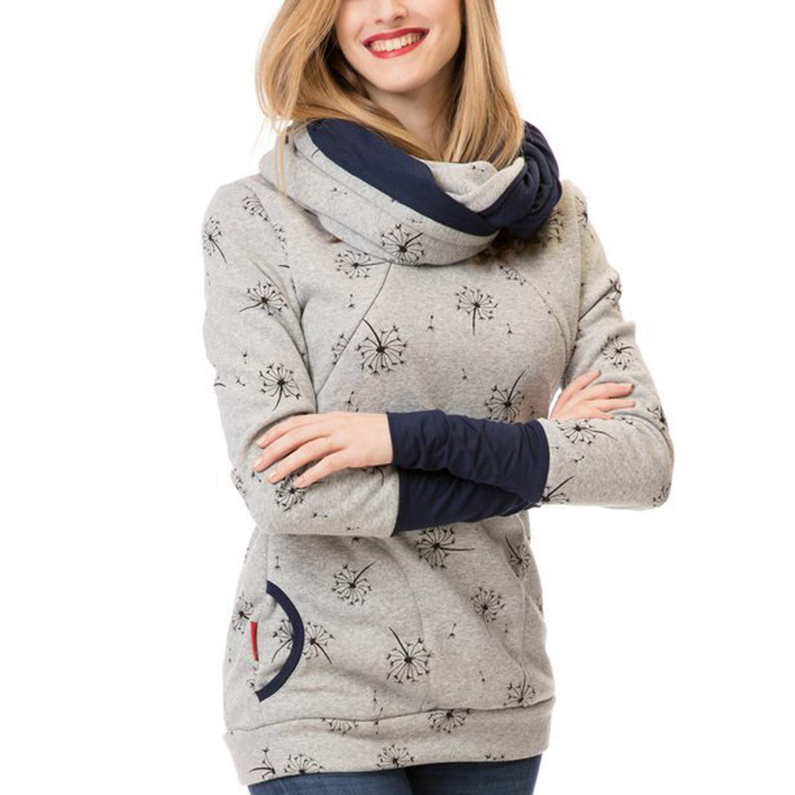 Damen Stillpullover Winter Baumwolle Langarm Einfarbig Rollkragen Zweilagiges Stillen Sweatshirt Hoodie mit Taschen für Schwangerschaft Basic Stillzeit Umstandsmode Stillshirts Mit Scarf