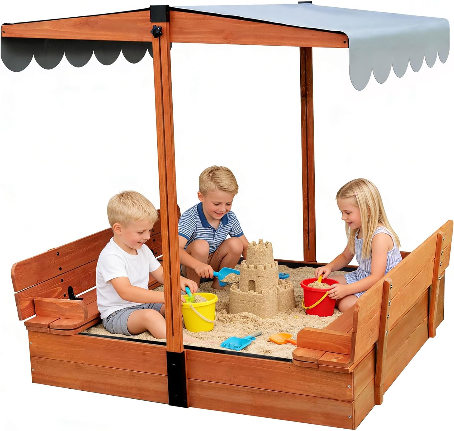 Kids Wooden Sandbox with Lid for Ages 4-8, Sand Box with Cover and Canopy, Outdoor Sand Pit with 2 Foldable Bench Seats, Retractable Roof, Bottom Protection Liner, for Backyard Garden Beach, 47x47inch
