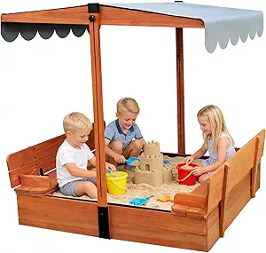 Kids Wooden Sandbox with Lid for Ages 4-8, Sand Box with Cover and Canopy, Outdoor Sand Pit with 2 Foldable Bench Seats, Retractable Roof, Bottom Protection Liner, for Backyard Garden Beach, 47x47inch