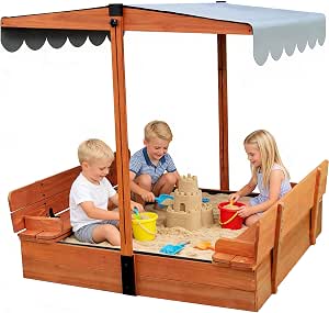 Kids Wooden Sandbox with Lid for Ages 4-8, Sand Box with Cover and Canopy, Outdoor Sand Pit with 2 Foldable Bench Seats, Retractable Roof, Bottom Protection Liner, for Backyard Garden Beach, 47x47inch