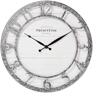 Presentime 13" Farmhouse Wall Clock - Silent Quartz Movement, Shiplap Galvanized Finish, 3D Raised Arabic Numerals