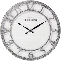 Presentime & Co 13 " Farmhouse Series Wall Clock, Quartz Movement, Shiplap Style,Raised 3 D Arabic