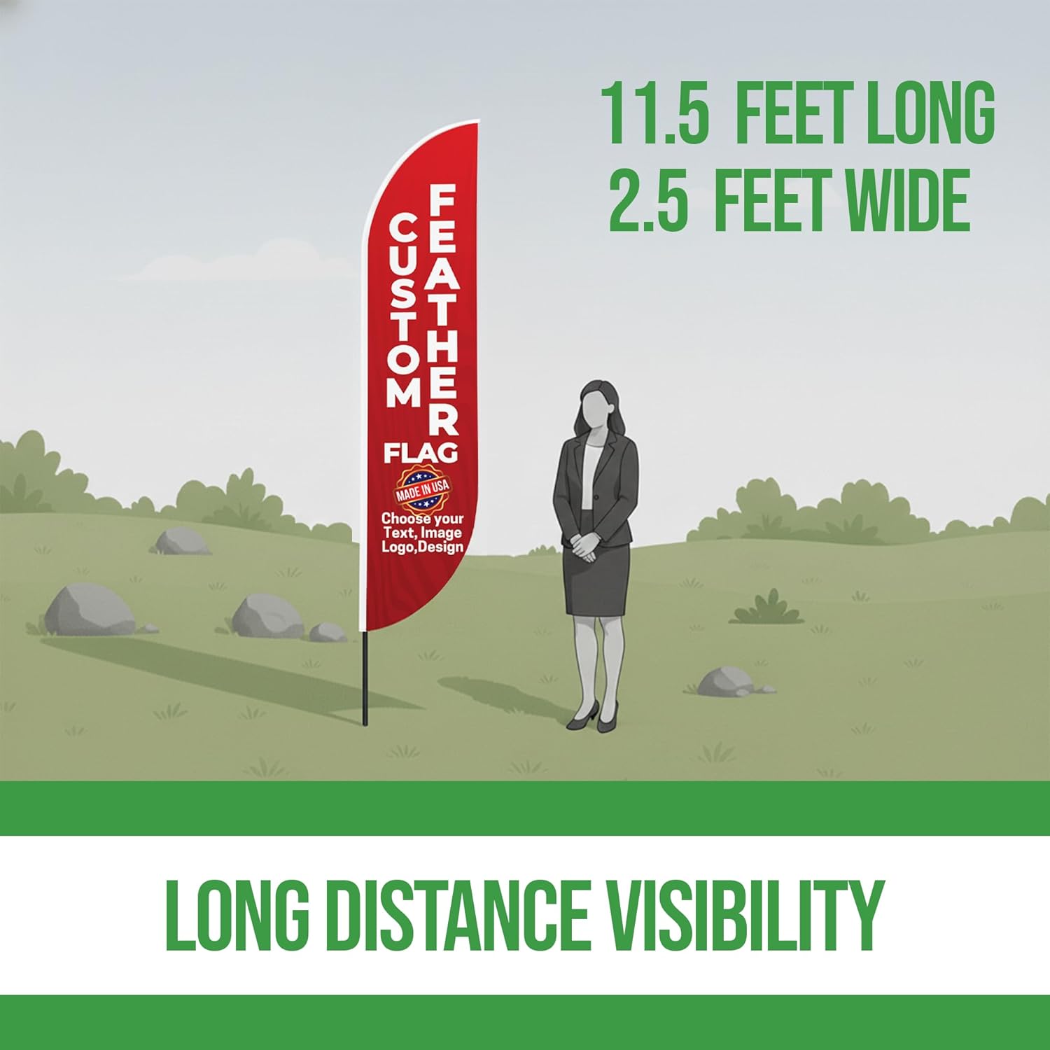 Custom Feather Flag by BCB Print - Personalized Outdoor Flag with Your Photo, Text or Logo | Optional 15ft Pole & Spike | Custom Swooper Flag | Fast Delivery | Made in USA | 11.5x2.5ft - Image 3