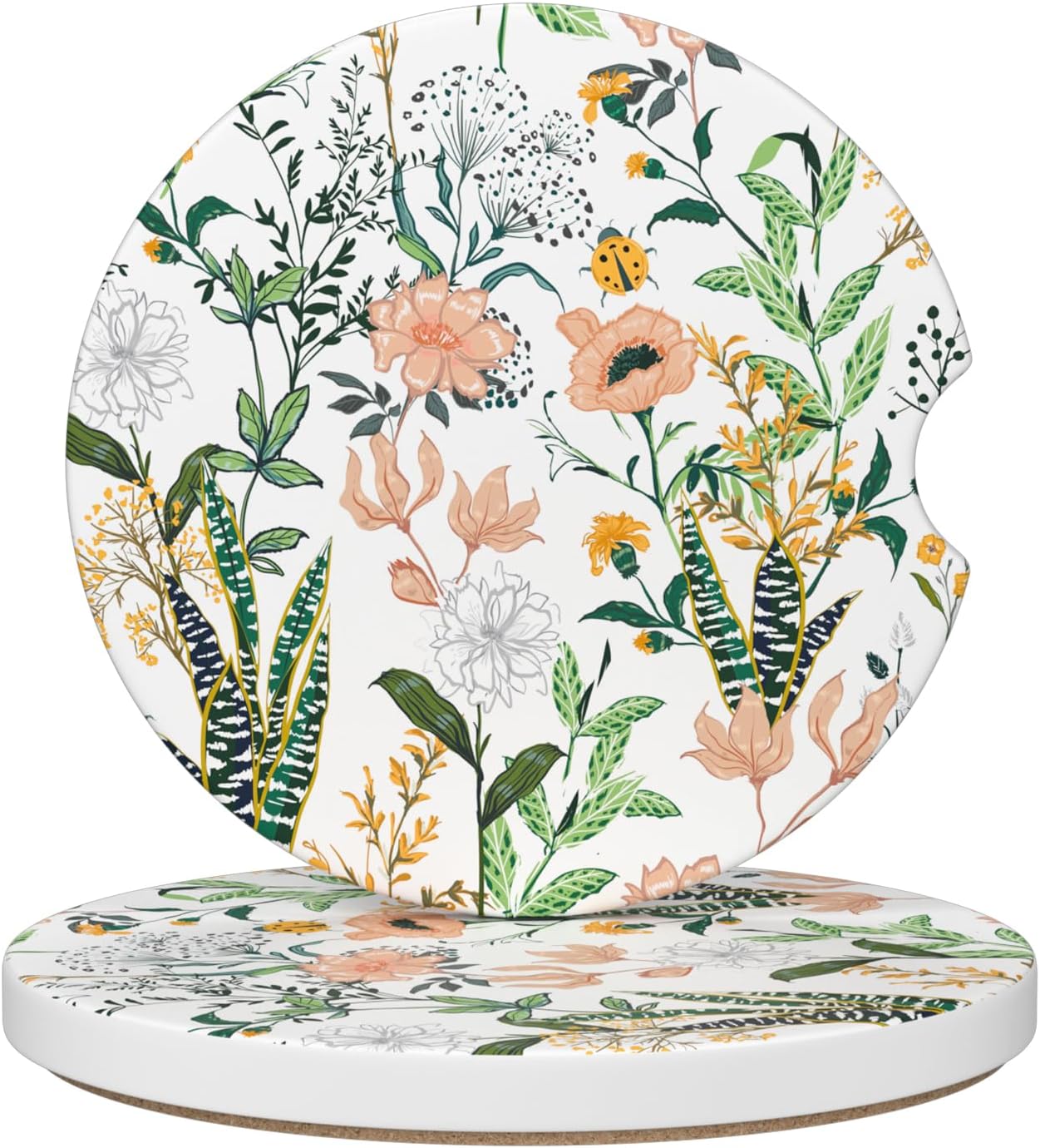 Car Cup Holder Coaster, Car Coasters for Cup Holders, 2 Pack Universal Anti Slip Insert Absorbent Ceramic Auto Interior Accessories with A Finger Notch & Cork Base, Village Road Flowers