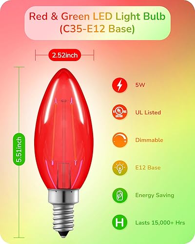 Miniatura 3 de EDISHINE Bombilla de luz roja y verde regulable, equivalente a 5 W a 60 W, bombilla de filamento LED C35, enchufe E12, bombilla Edison de vidrio