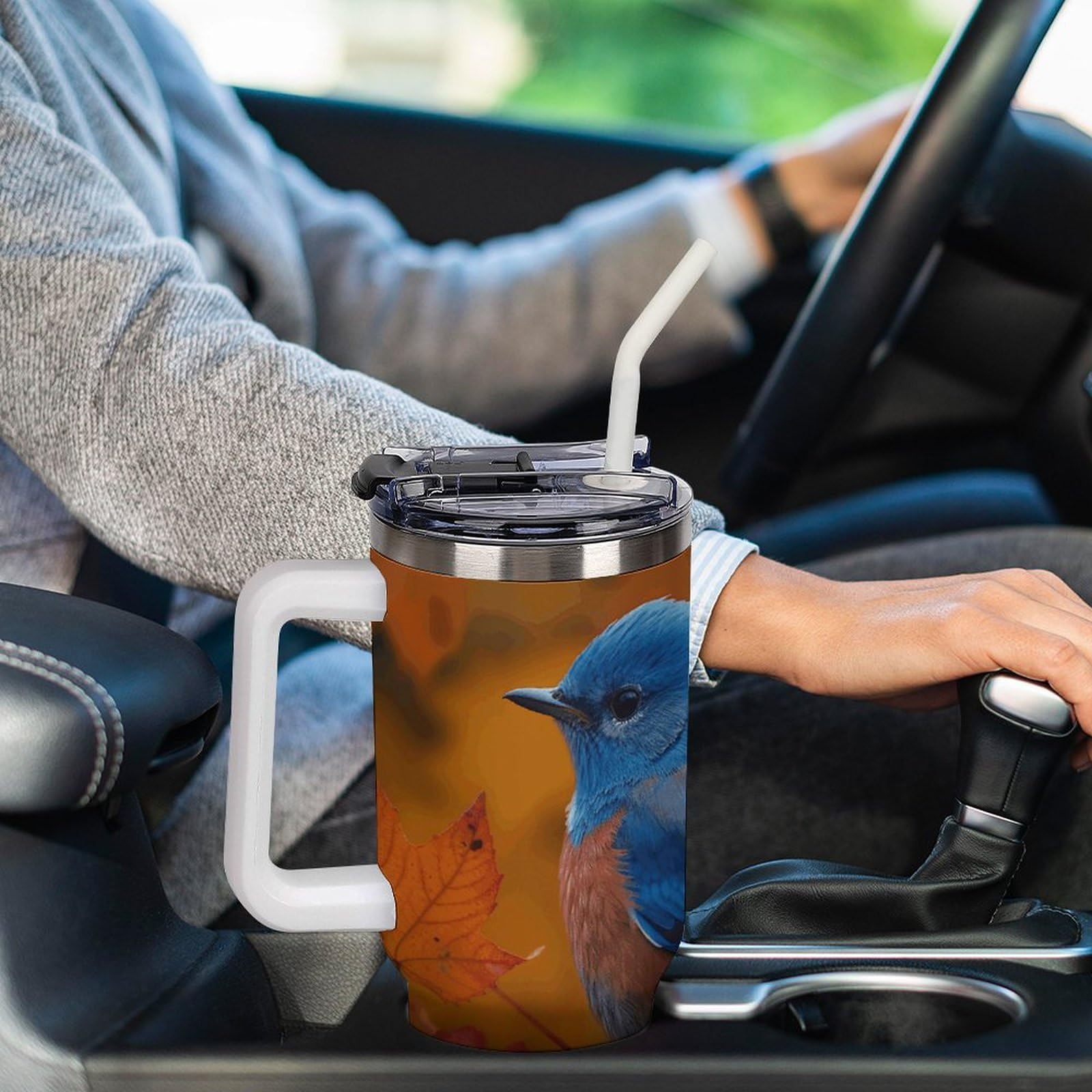 Autobecher aus 304 Edelstahl, 1,2 l, blauer Vogel und Blätter, Becher mit Strohhalm und auslaufsicherem Deckel, großes Fassungsvermögen, vakuumisolierter Reisebecher für Auto-Becherhalter