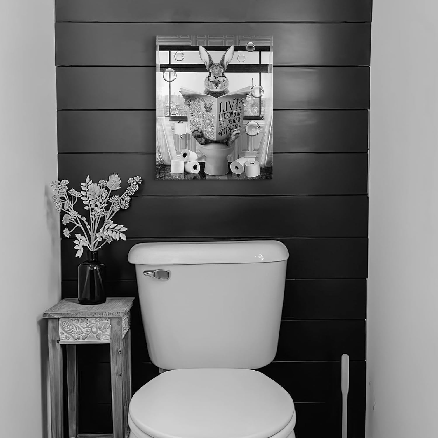 Luslya Funny Rabbit Bathroom Decor Wall Art Cute Rabbit Sitting in Toilet Reading Newspaper Painting Black and White Bathroom Wall Decor Framed Poster for Bathroom Toilet Decoration 12x16 inch