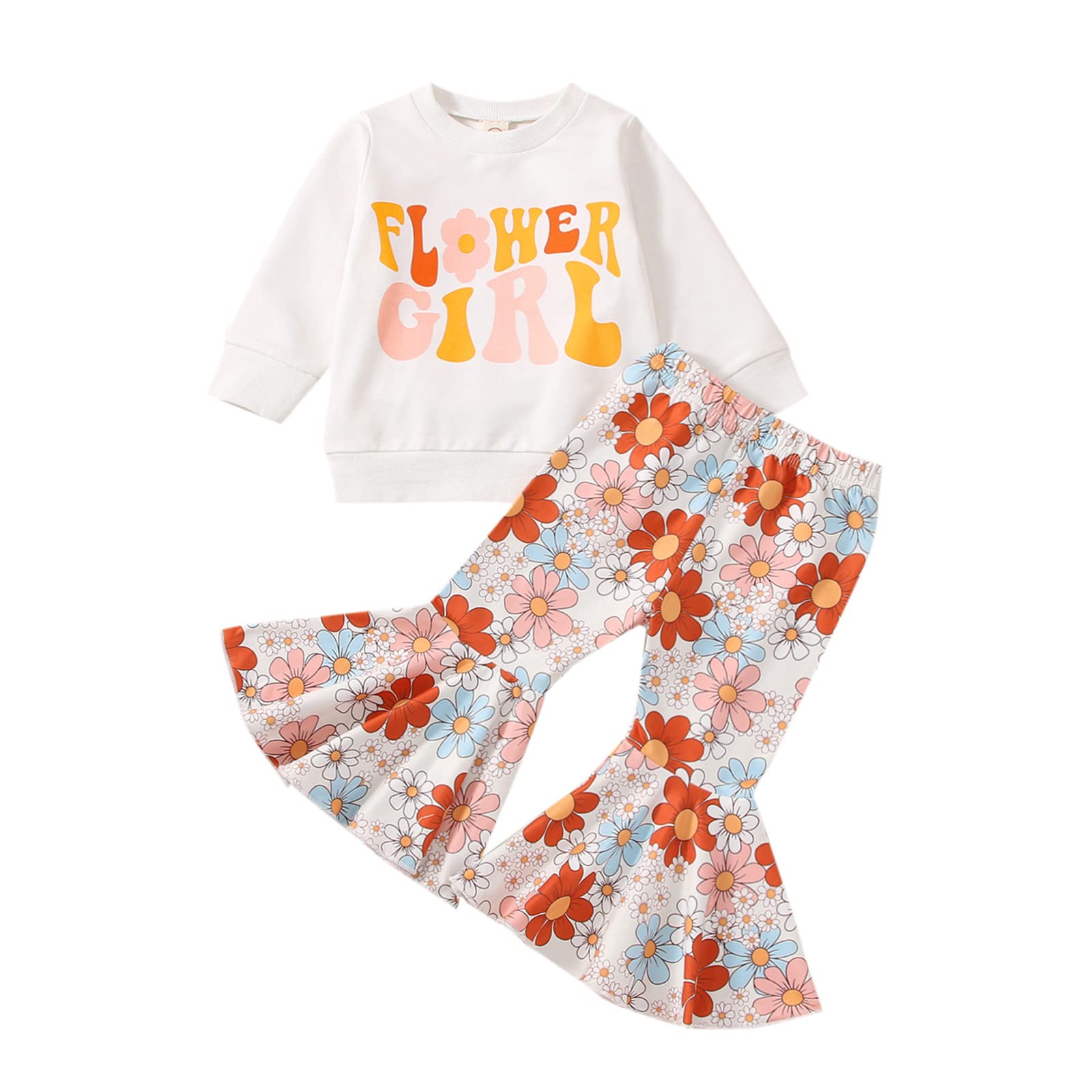 Toddler Girl 2pcs Outfits Letter Long Sleeve T-Shirt Crewneck Sweatshirt Floral Flare Pants Bell Bottoms Sets (Orange, 12-18 Months)