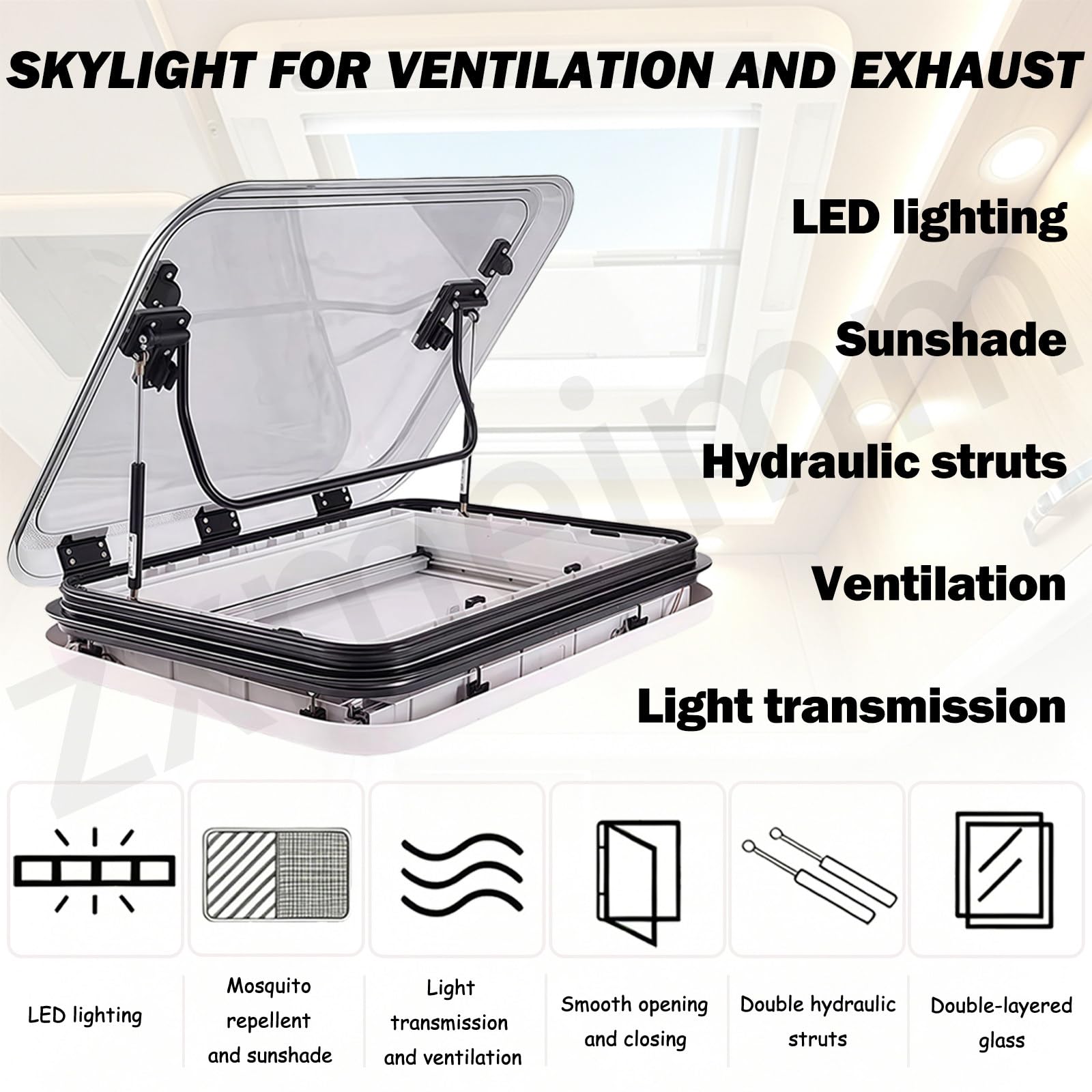 Escotilla de Techo para RV de aleación de Aluminio con Cubierta acrílica Anti-UV — Claraboya de ventilación LED para autocaravanas, Campers, caravanas y vehículos modificados 96 * 65cm