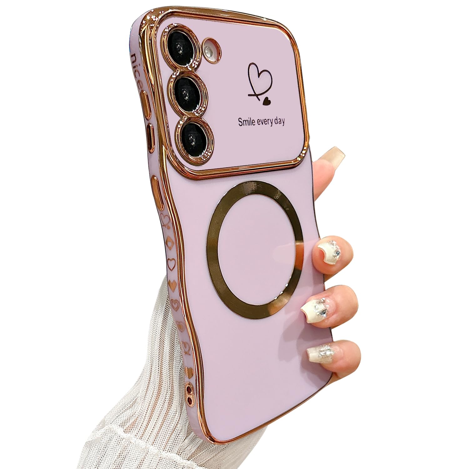 ZONRW for Samsung Galaxy S23 Case Magnetic,for Women Girls Soft Cute Wave Frame Curly Shape Love Heart Luxury Plating Phone Case Compatible with