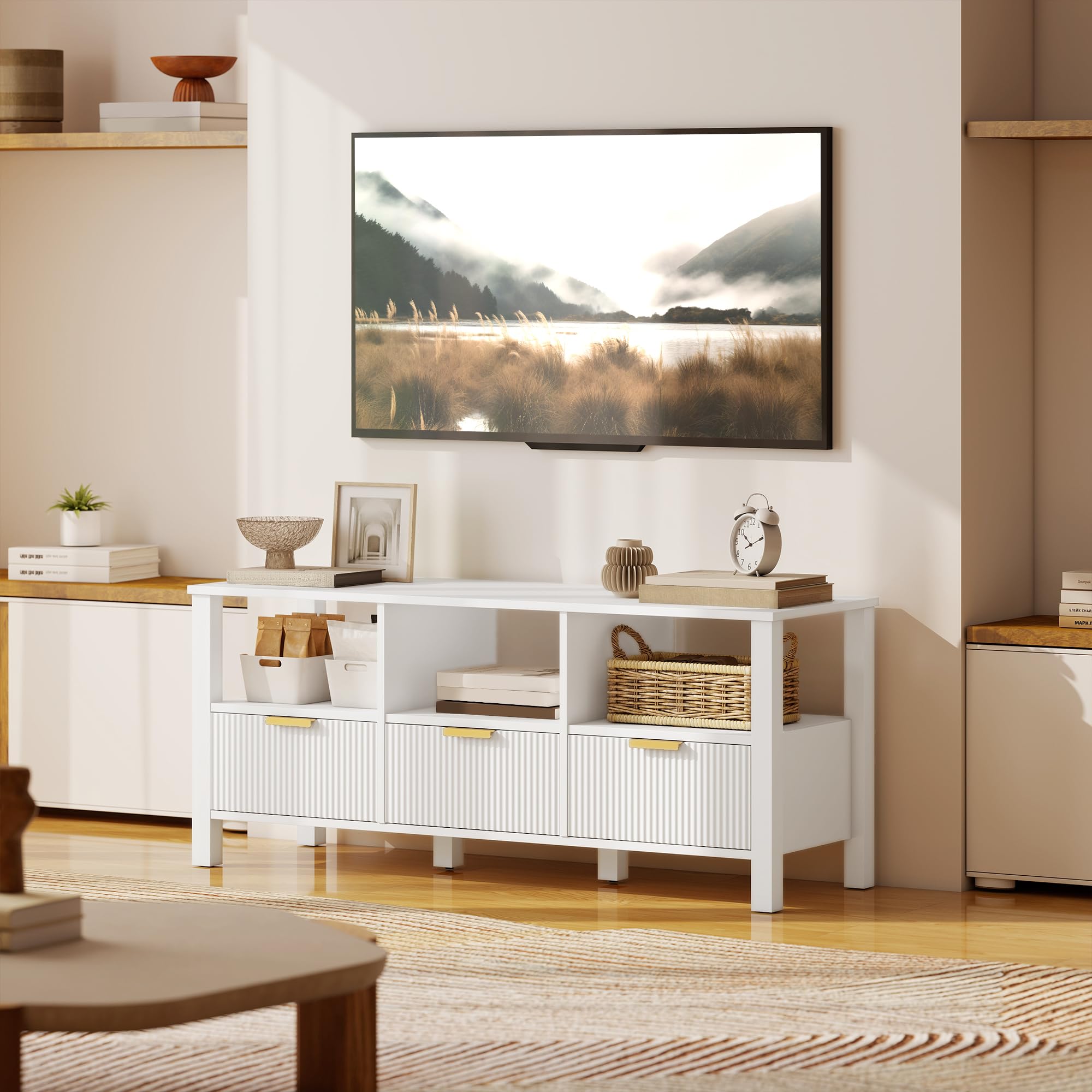HOMCOM Mueble de TV Moderno para Salón, Mesa TV con 3 Cajones y 3 Estantes Abiertos, para Televisión de 43-55 Pulgadas, 120x39,5x50 cm, Blanco