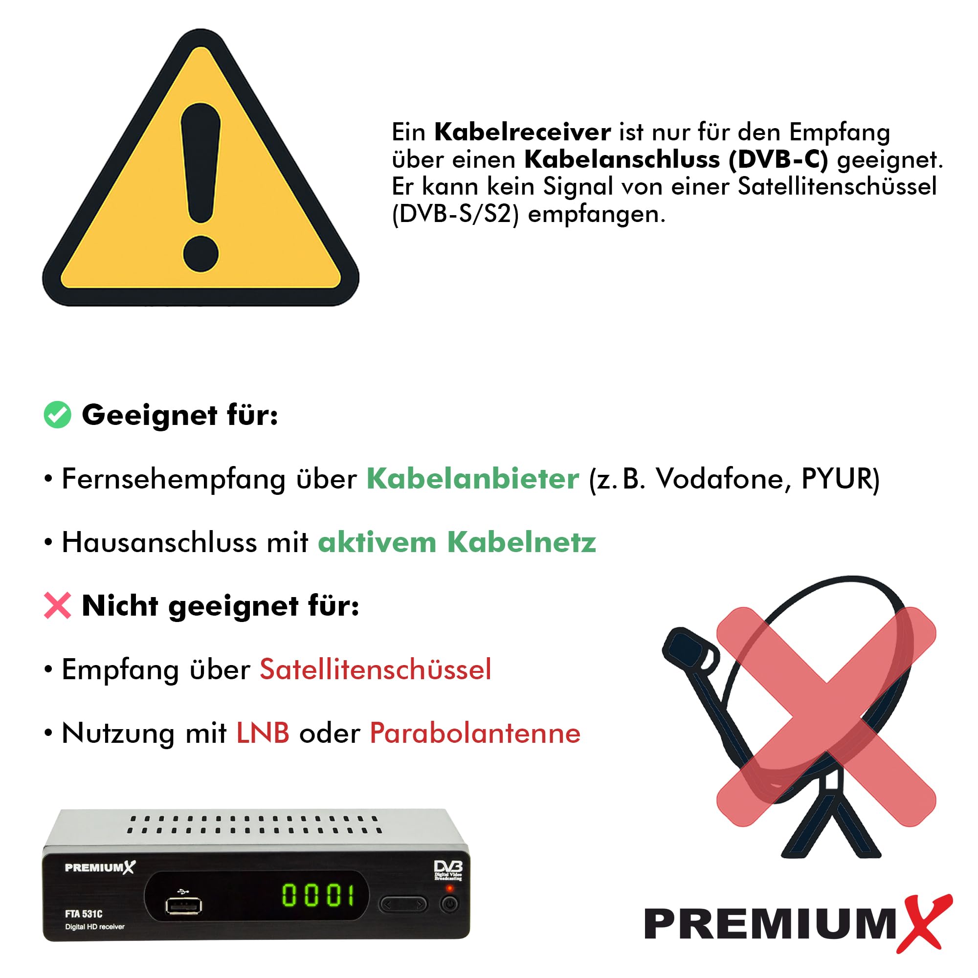 Premium X Récepteur câble DVB-C FTA 531C Digital FullHD SCART HDMI USB Media Player Récepteur TV TV par câble
