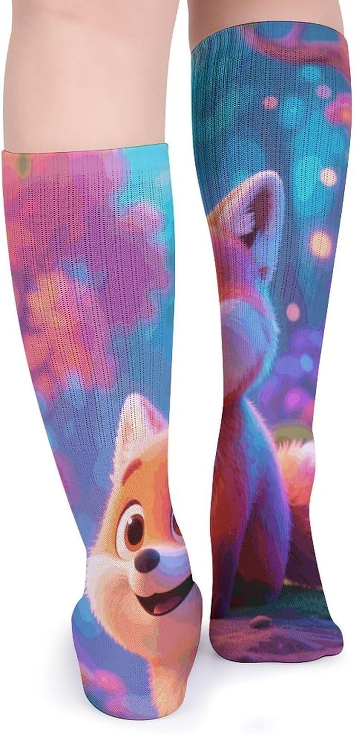 5-Pack Knee High Socks, 15.7 Inch Breathable Casual Socks Cartoon Fox Stockings for Men Women