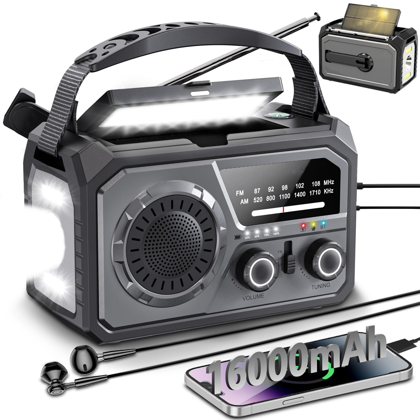 Radio Solar 16000 mAh con carga móvil, AM/FM, portátil, radio de emergencia, batería recargable, dinamo solar, linterna, alarma SOS, brújula para camping