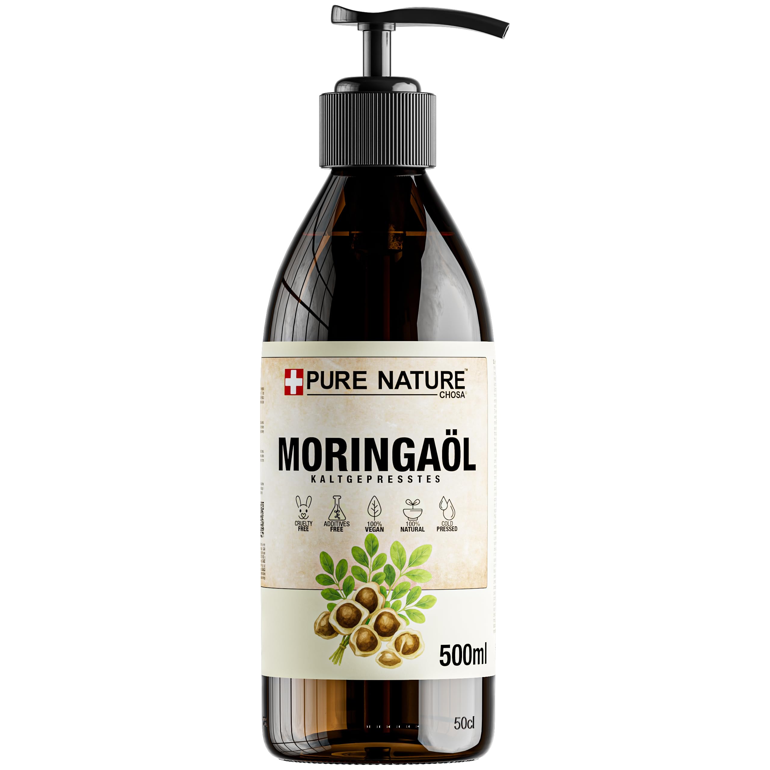 CHOSA Moringaöl 500 ml + Spender | Moringa Öl, Kaltgepresst, Unraffiniert, Veganes Hautpflegeöl, Feuchtigkeits, Pflege für Gesicht, Haut, Haar
