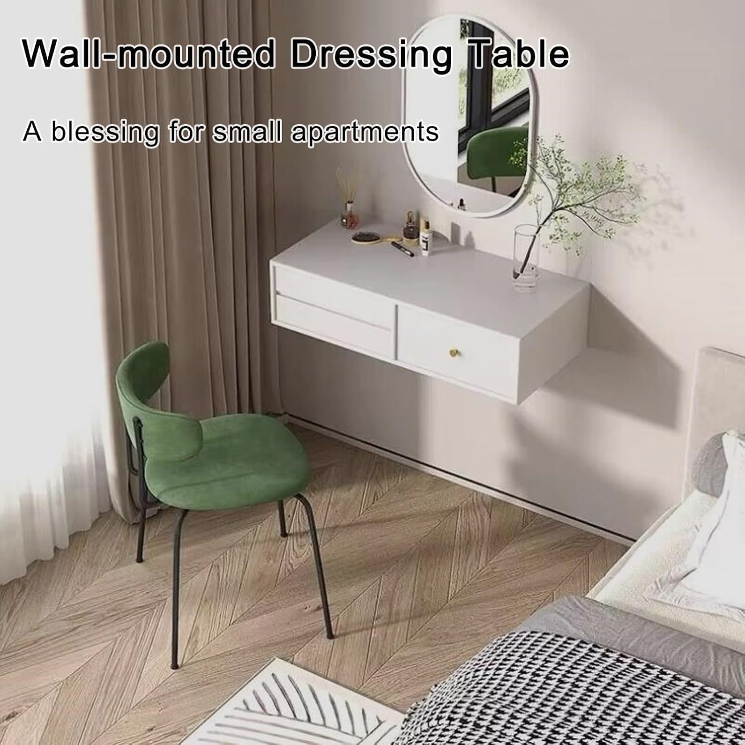 Floating Makeup Vanity for Wall, White Corner Floating Desk Dresser, Wall Mounted Floating Dressing Table with Storage